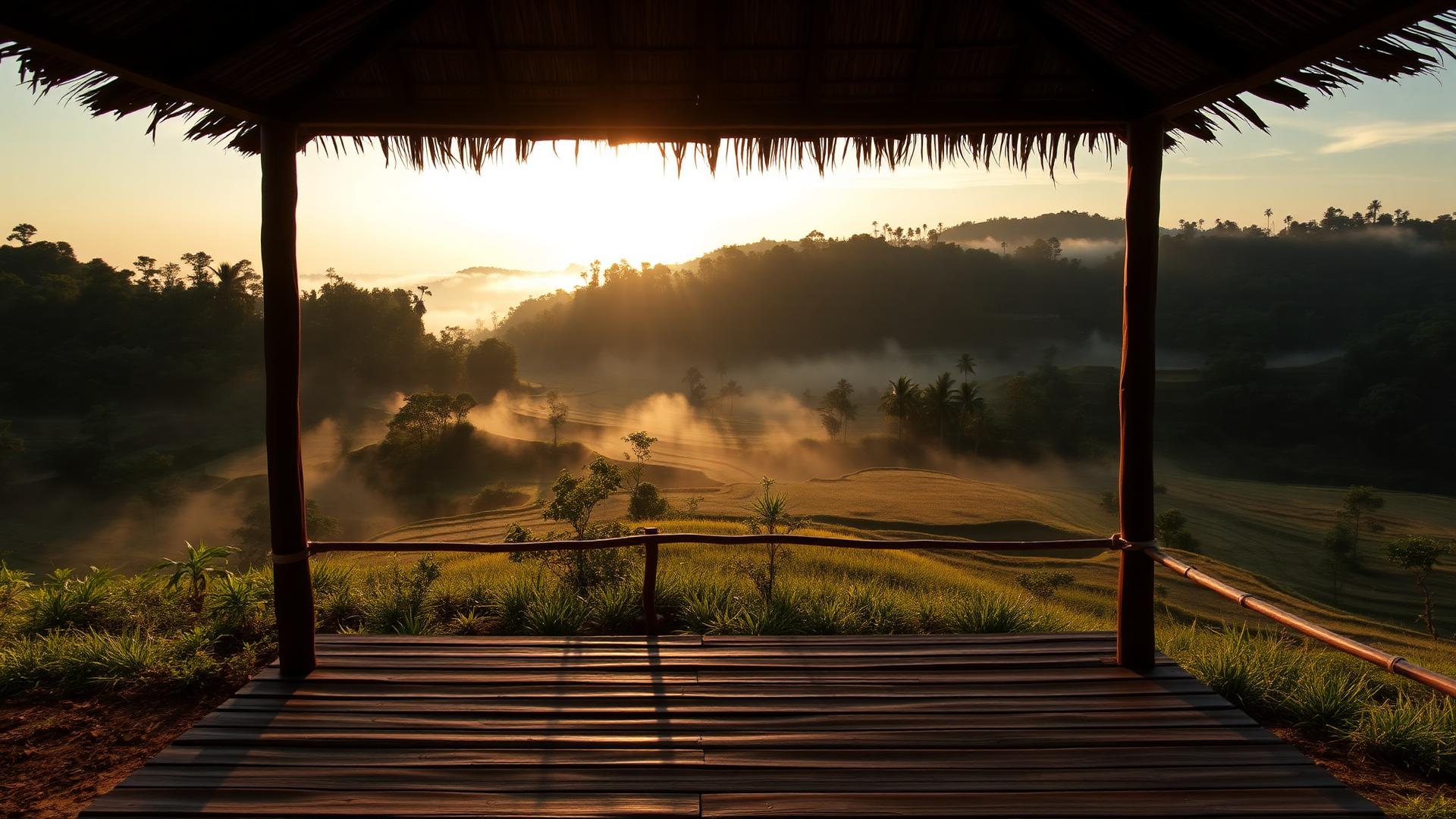 Open-air retreat pavilion overlooking misty rice terraces at sunrise